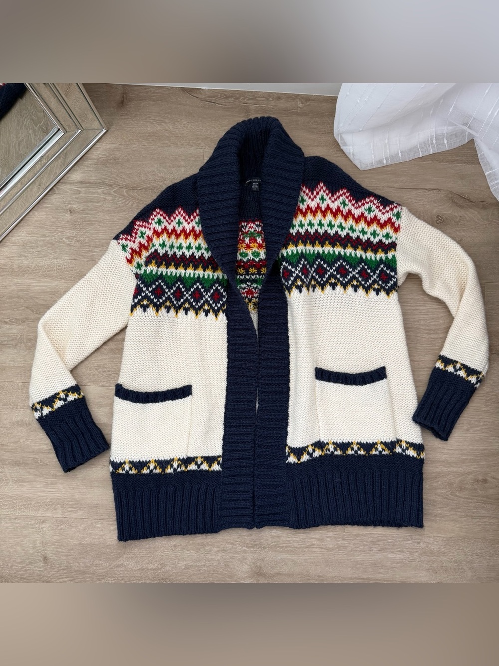American Eagle Fair Isle Blue and White Holiday Cardigan